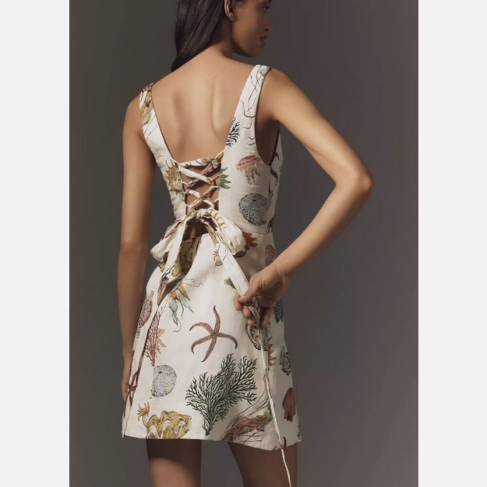 ALÉMAIS Sea Sleeveless Linen Mini Dress Lace-Up Jellyfish 2 NWT Anthropologie - Picture 4 of 8